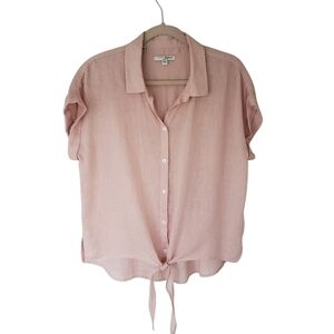 Jachs Girlfriend Linen Blend Front Tie Short Sleeve Top Pale Pink